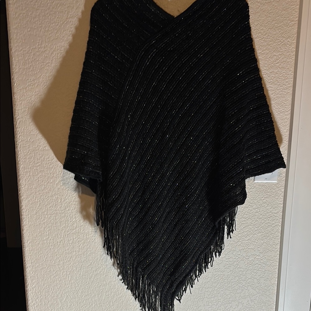 Boho Black Fringe Poncho with Sparkles - Picture 3 of 4